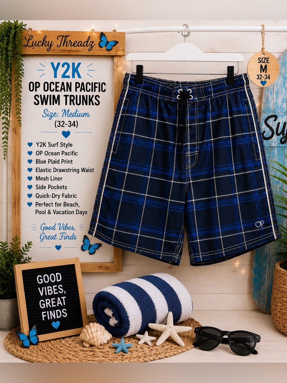 OP Navy & Royal Blue Plaid Swim Shorts